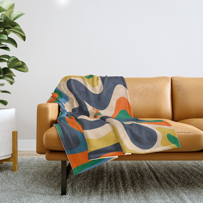 Retro Liquid Swirl Abstract Pattern Blue Beige Orange Mustard Green Throw Blanket Gallery Image 1