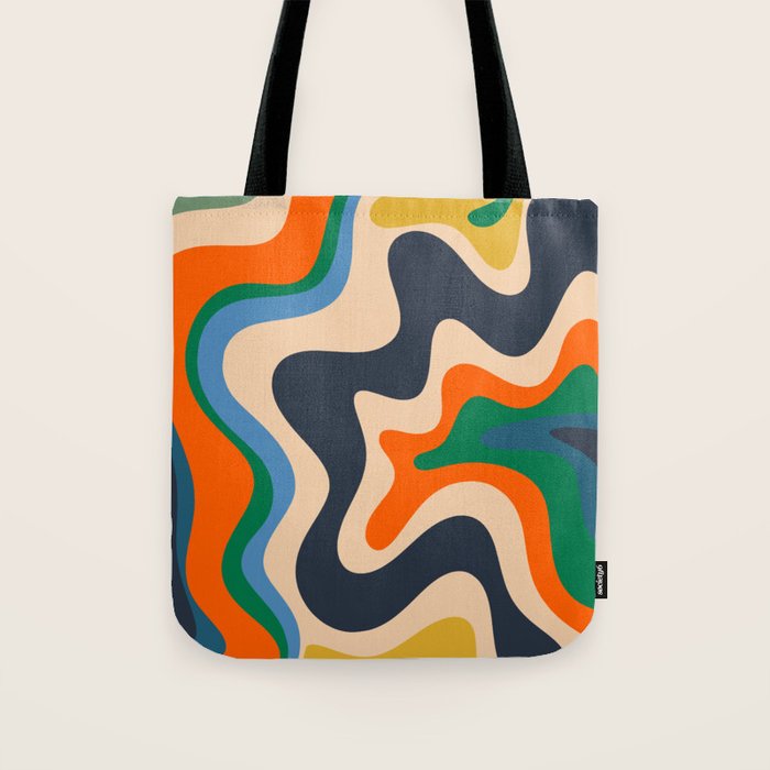 Retro Liquid Swirl Abstract Pattern Blue Beige Orange Mustard Green Tote Bag Gallery Image 1