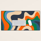 Retro Liquid Swirl Abstract Pattern Blue Beige Orange Mustard Green Desk Mat Gallery Image 1