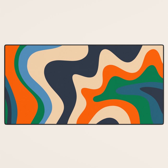 Retro Liquid Swirl Abstract Pattern Blue Beige Orange Mustard Green Desk Mat Gallery Image 3