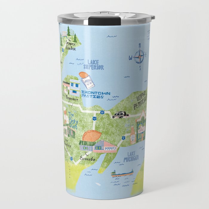 Map of Northern Michigan - Pasty Tour in Blue Travel Mug Gallery Image 1
