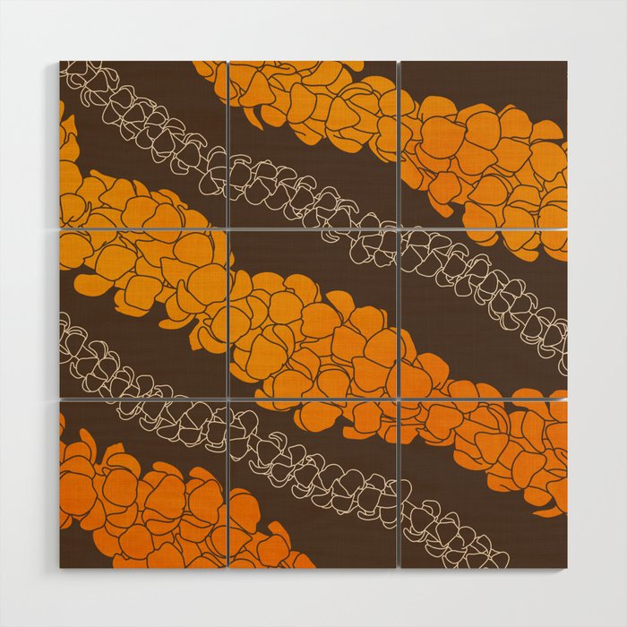 Hawaiian Puakenikeni lei on brown Wood Wall Art Gallery Image 1