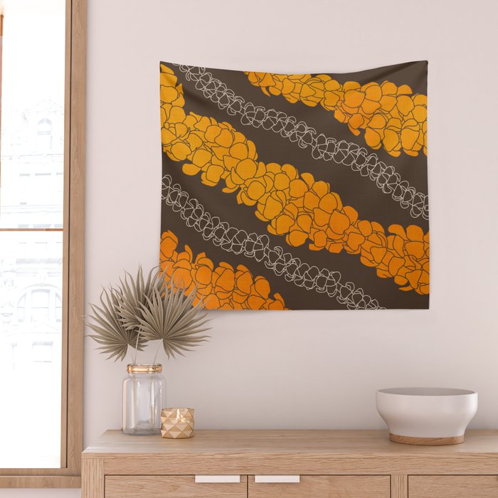 Hawaiian Puakenikeni lei on brown Wall Tapestry Gallery Image 2