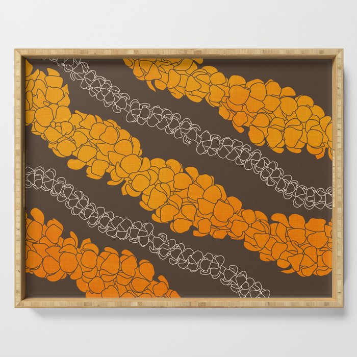 Hawaiian Puakenikeni lei on brown Serving Tray Gallery Image 1