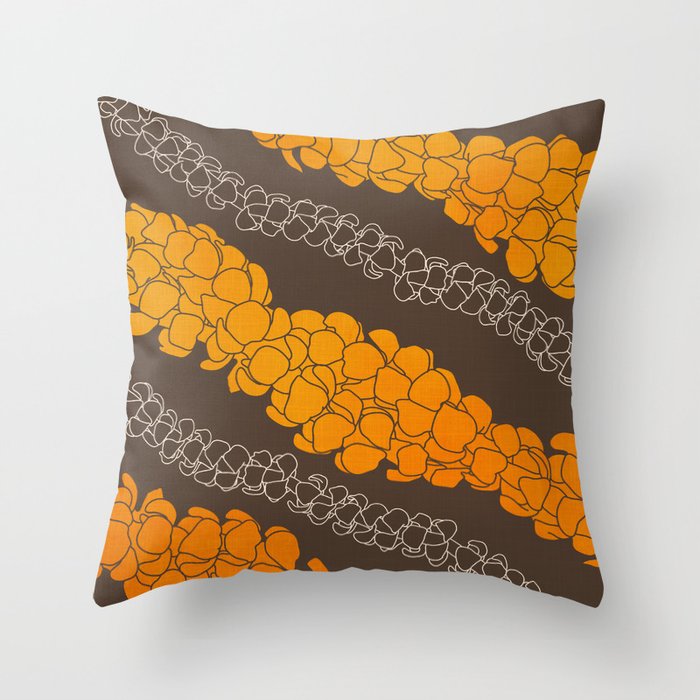 Hawaiian Puakenikeni lei on brown Throw Pillow Gallery Image 1