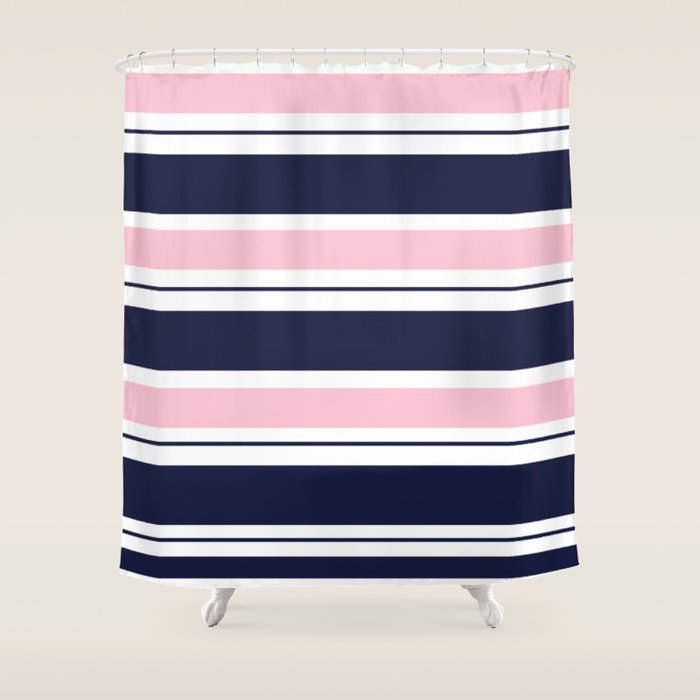 Blue Navy and Pink Stripes Shower Curtain Gallery Image 1