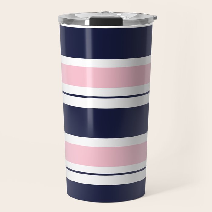 Blue Navy and Pink Stripes Travel Mug Gallery Image 1