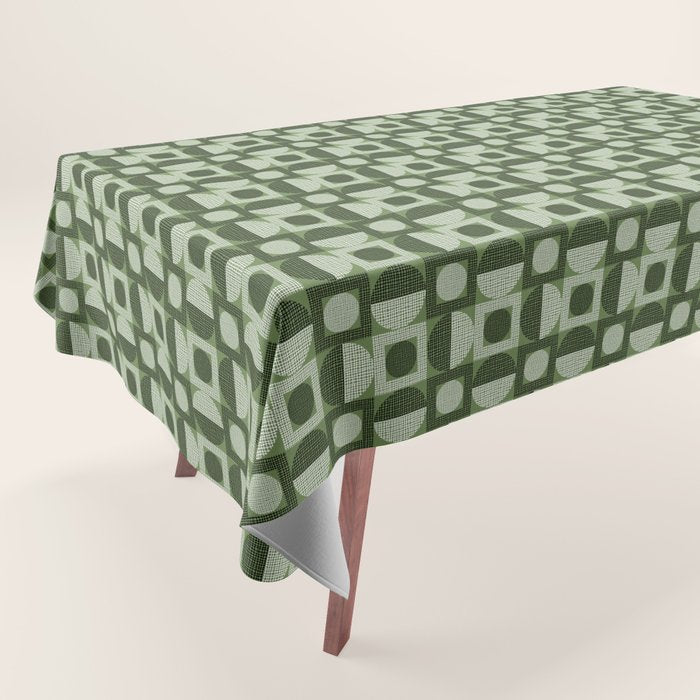 Retro Texture Geometric Squares And Circles Pattern No 5 Sage Green Black White Tablecloth Gallery Image 1