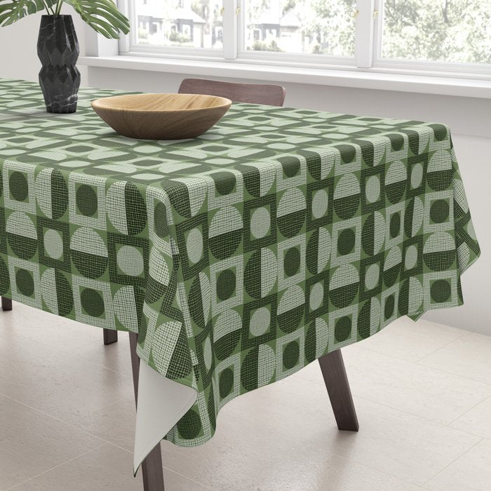 Retro Texture Geometric Squares And Circles Pattern No 5 Sage Green Black White Tablecloth Gallery Image 3