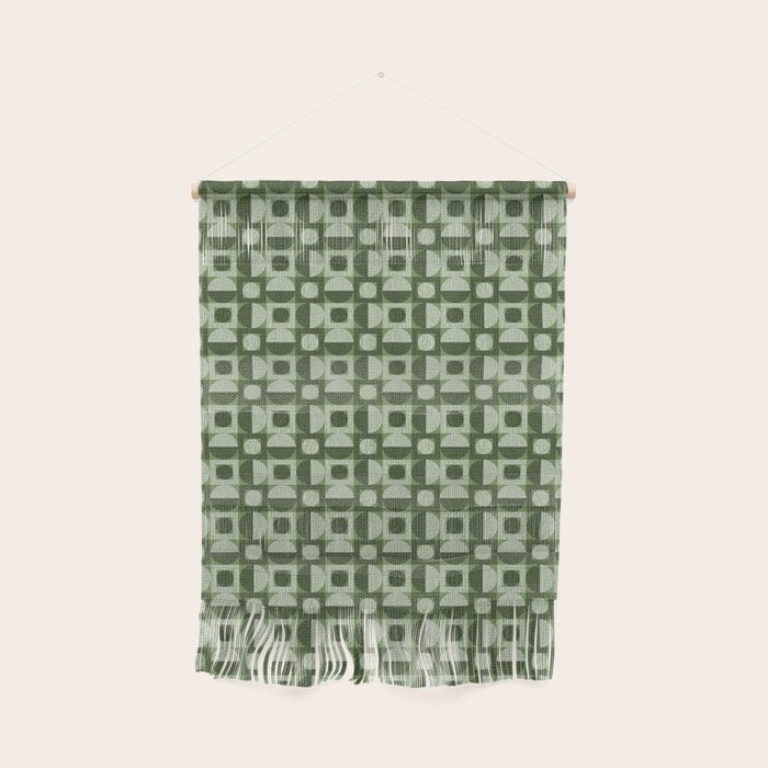 Retro Texture Geometric Squares And Circles Pattern No 5 Sage Green Black White Wall Hanging Gallery Image 1