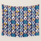 Cats Donut Care // blue background goldenrod yellow mustard, teal pastel blue and brown sweet kitties Wall Tapestry Gallery Image 4