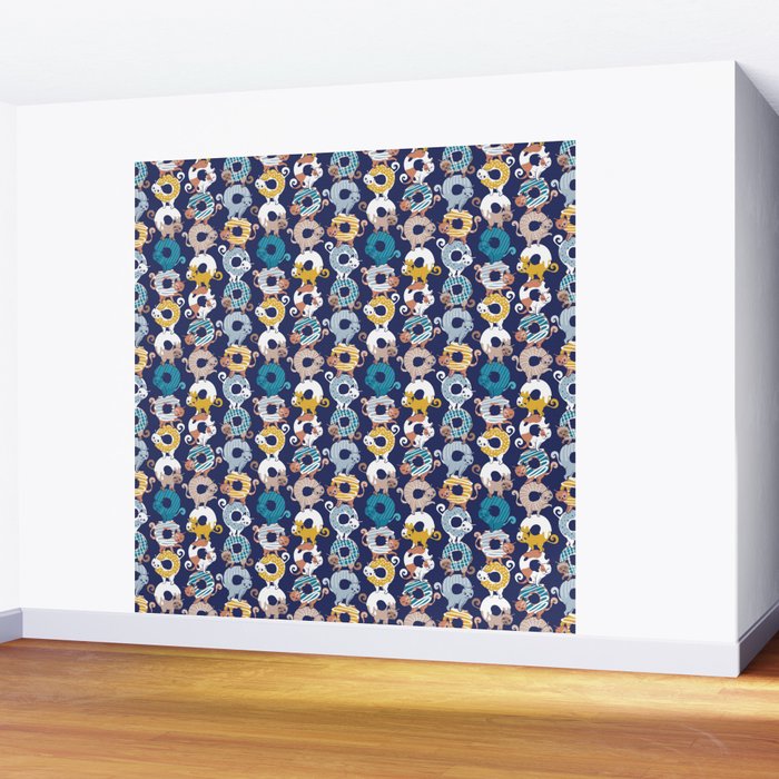 Cats Donut Care // blue background goldenrod yellow mustard, teal pastel blue and brown sweet kitties Wall Mural Gallery Image 2