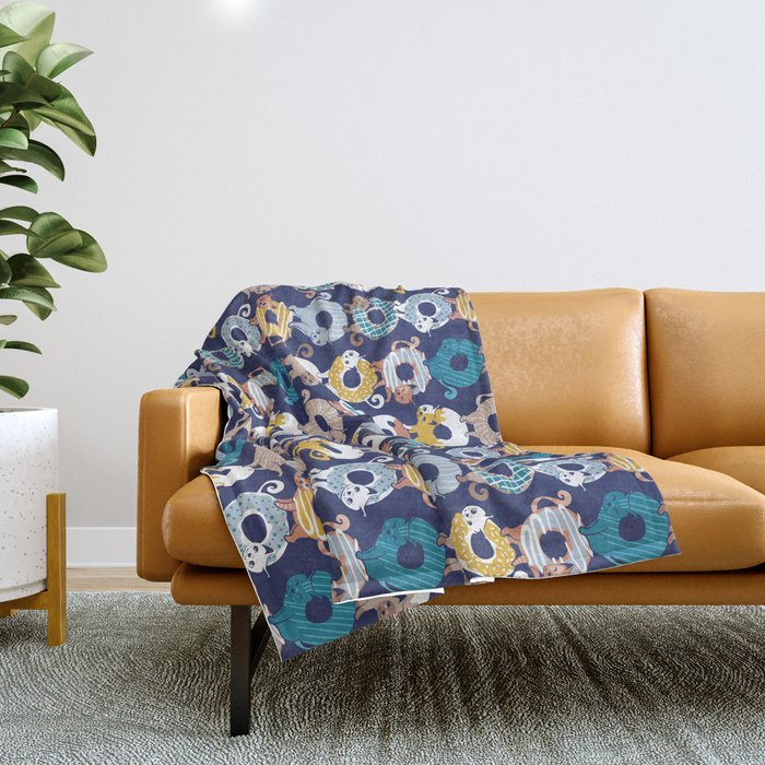 Cats Donut Care // blue background goldenrod yellow mustard, teal pastel blue and brown sweet kitties Throw Blanket Gallery Image 1