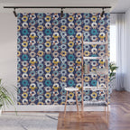 Cats Donut Care // blue background goldenrod yellow mustard, teal pastel blue and brown sweet kitties Wall Mural Gallery Image 1