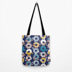 Cats Donut Care // blue background goldenrod yellow mustard, teal pastel blue and brown sweet kitties Tote Bag Gallery Image 2