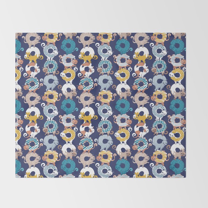 Cats Donut Care // blue background goldenrod yellow mustard, teal pastel blue and brown sweet kitties Throw Blanket Gallery Image 2
