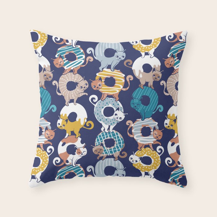 Cats Donut Care // blue background goldenrod yellow mustard, teal pastel blue and brown sweet kitties Throw Pillow Gallery Image 6