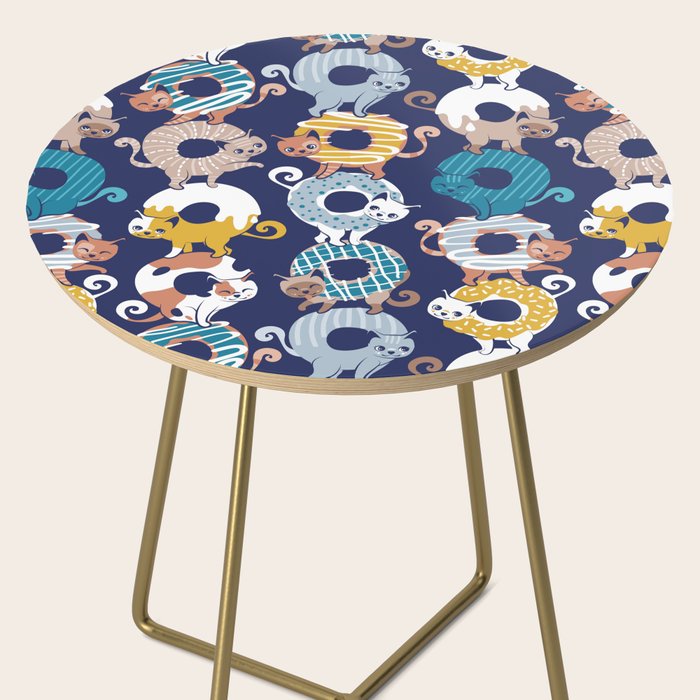 Cats Donut Care // blue background goldenrod yellow mustard, teal pastel blue and brown sweet kitties Side Table Gallery Image 2