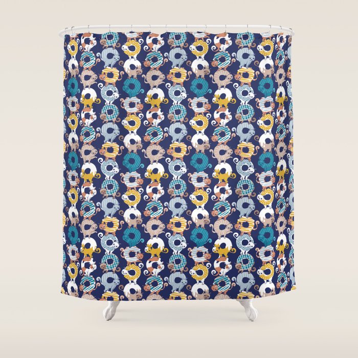 Cats Donut Care // blue background goldenrod yellow mustard, teal pastel blue and brown sweet kitties Shower Curtain Gallery Image 1