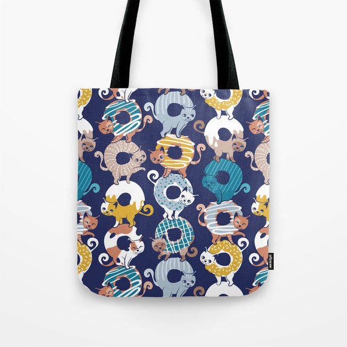 Cats Donut Care // blue background goldenrod yellow mustard, teal pastel blue and brown sweet kitties Tote Bag Gallery Image 1