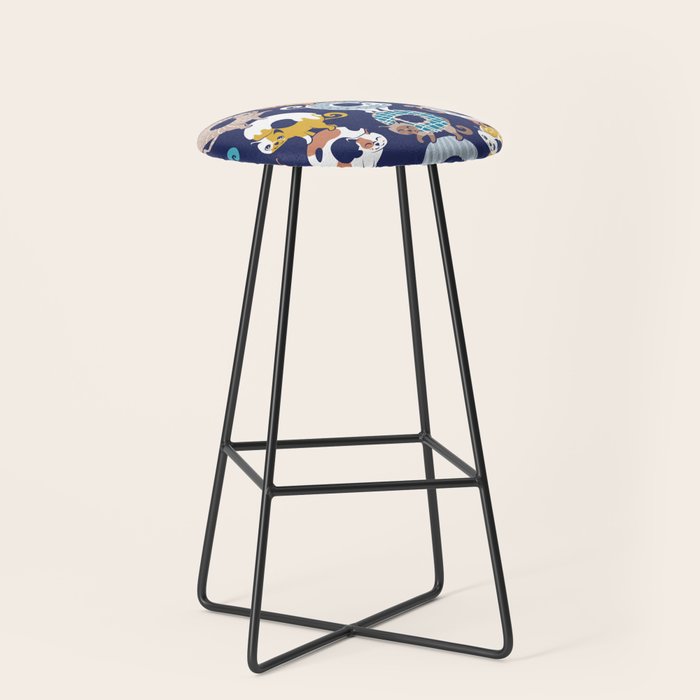 Cats Donut Care // blue background goldenrod yellow mustard, teal pastel blue and brown sweet kitties Stool Gallery Image 1