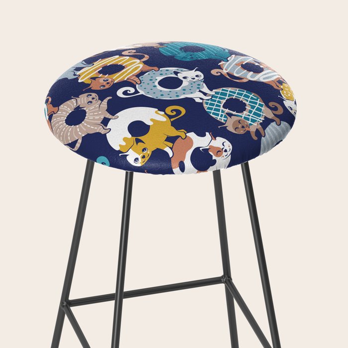Cats Donut Care // blue background goldenrod yellow mustard, teal pastel blue and brown sweet kitties Stool Gallery Image 2