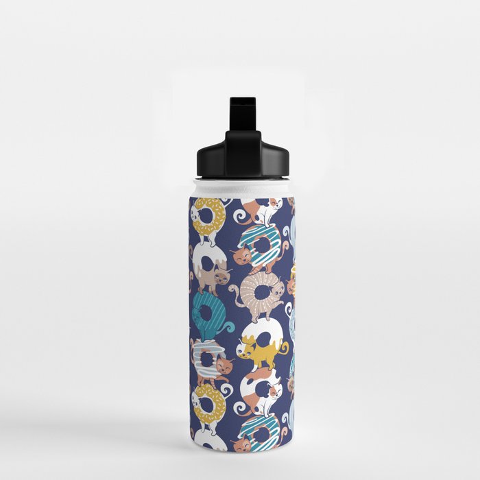 Cats Donut Care // blue background goldenrod yellow mustard, teal pastel blue and brown sweet kitties Water Bottle Gallery Image 2