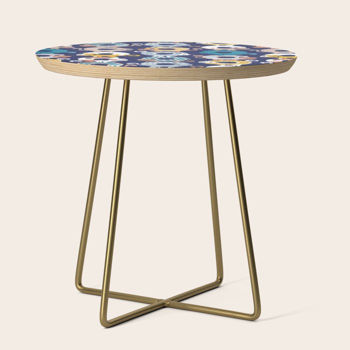 Cats Donut Care // blue background goldenrod yellow mustard, teal pastel blue and brown sweet kitties Side Table Gallery Image 1