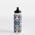 Cats Donut Care // blue background goldenrod yellow mustard, teal pastel blue and brown sweet kitties Water Bottle Gallery Image 3