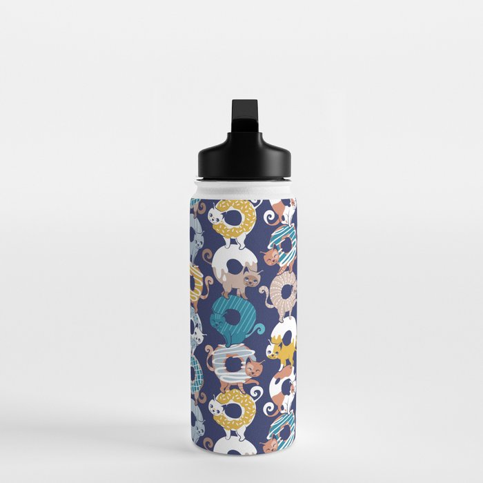 Cats Donut Care // blue background goldenrod yellow mustard, teal pastel blue and brown sweet kitties Water Bottle Gallery Image 3