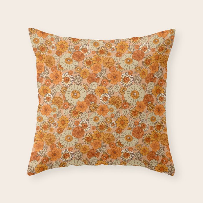 70s retro vintage daisies, flowers, orange, peach Throw Pillow Gallery Image 1