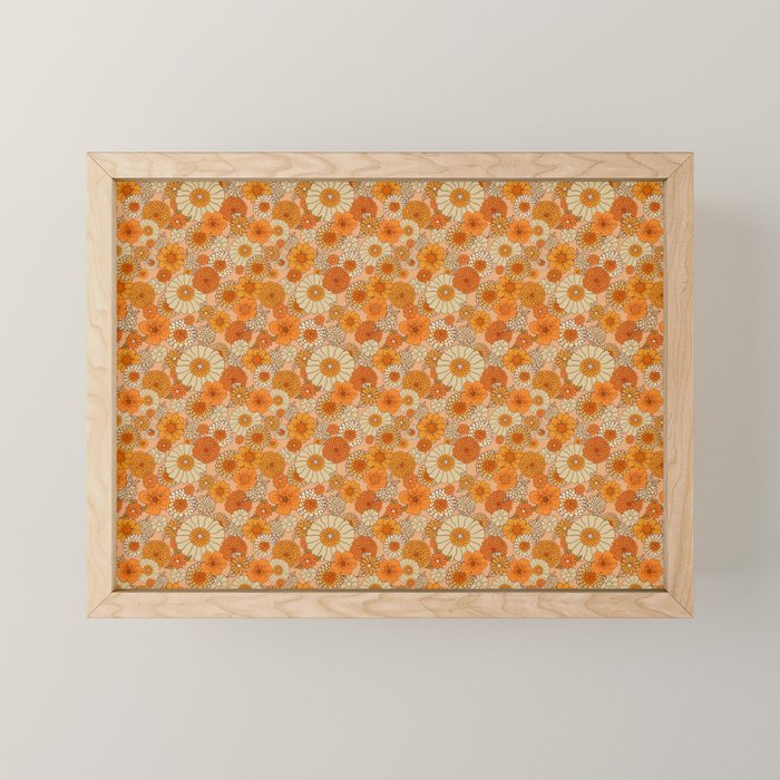 70s retro vintage daisies, flowers, orange, peach Mini Art Print Gallery Image 1