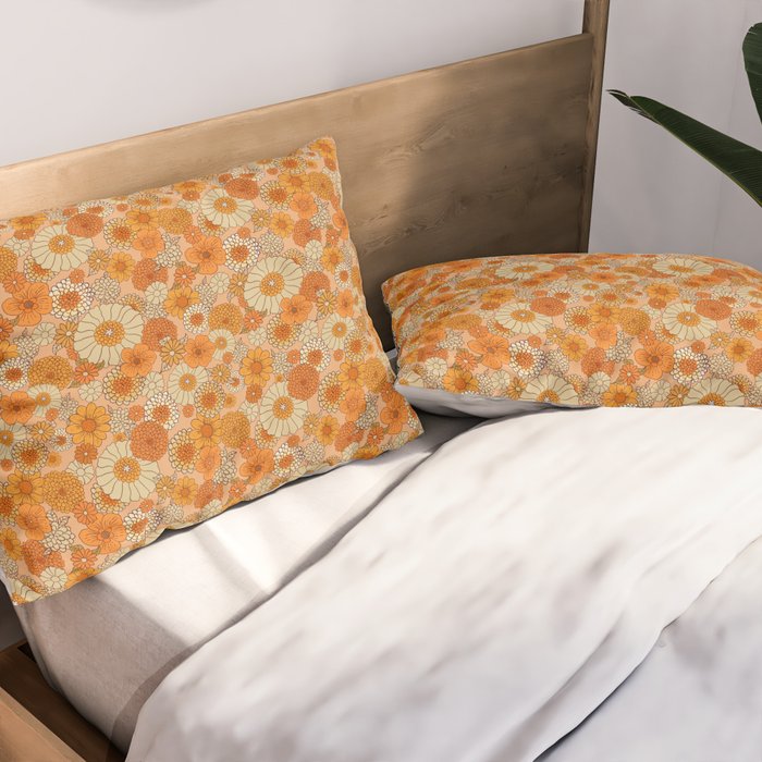 70s retro vintage daisies, flowers, orange, peach Pillow Sham Gallery Image 2