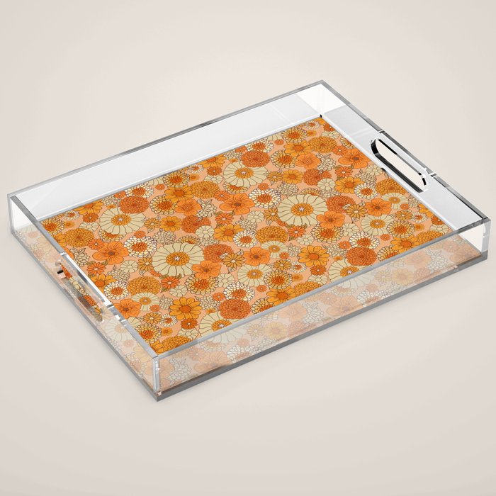 70s retro vintage daisies, flowers, orange, peach Acrylic Tray Gallery Image 1