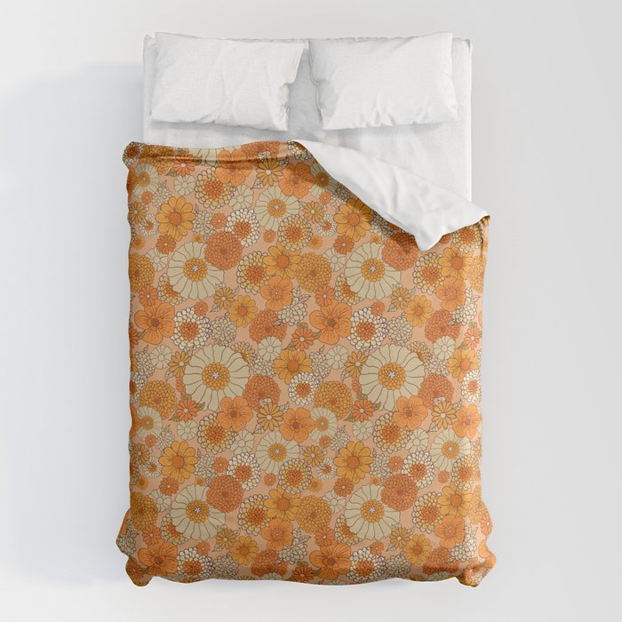 70s retro vintage daisies, flowers, orange, peach Duvet Cover Gallery Image 1