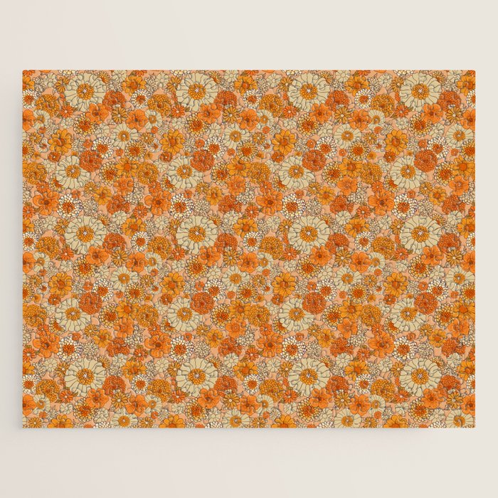 70s retro vintage daisies, flowers, orange, peach Jigsaw Puzzle