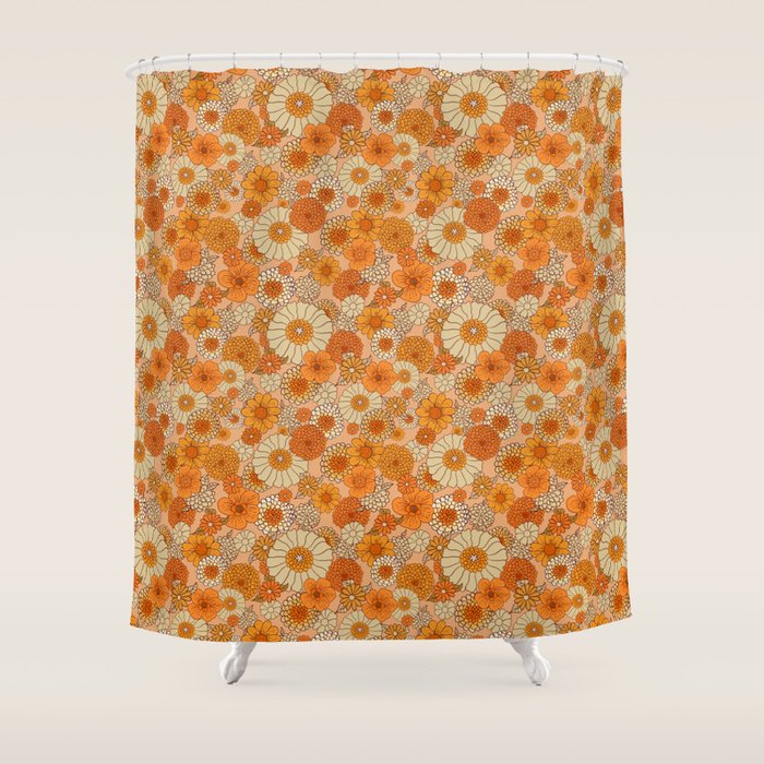 70s retro vintage daisies, flowers, orange, peach Shower Curtain Gallery Image 1