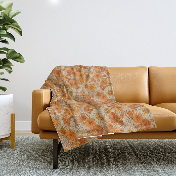 70s retro vintage daisies, flowers, orange, peach Throw Blanket Gallery Image 1