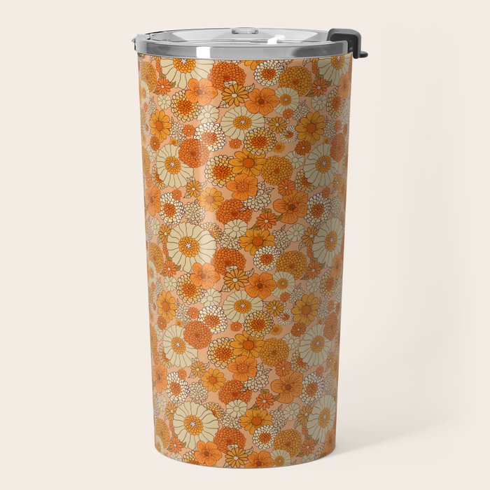 70s retro vintage daisies, flowers, orange, peach Travel Mug Gallery Image 2