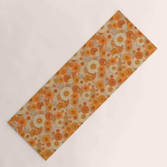 70s retro vintage daisies, flowers, orange, peach Yoga Mat