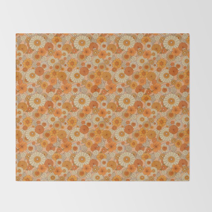 70s retro vintage daisies, flowers, orange, peach Throw Blanket Gallery Image 2