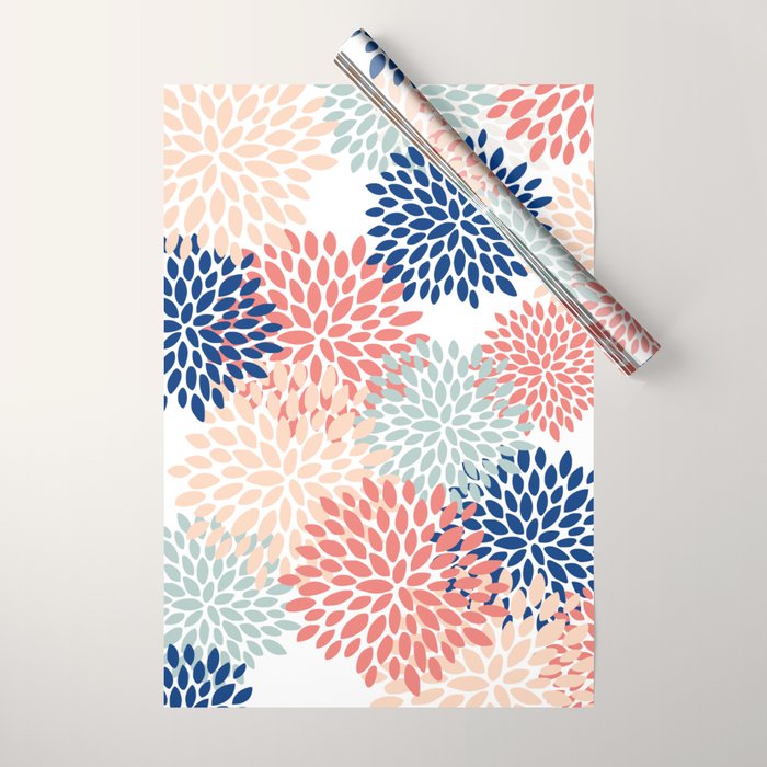 Floral Blooms, Coral, Navy, Aqua Wrapping Paper Gallery Image 1