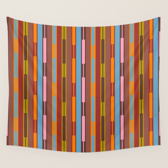 Vertical Stripe Geo Chain Eclectic Multicolored Pattern with Brown Wall Tapestry Gallery Image 4