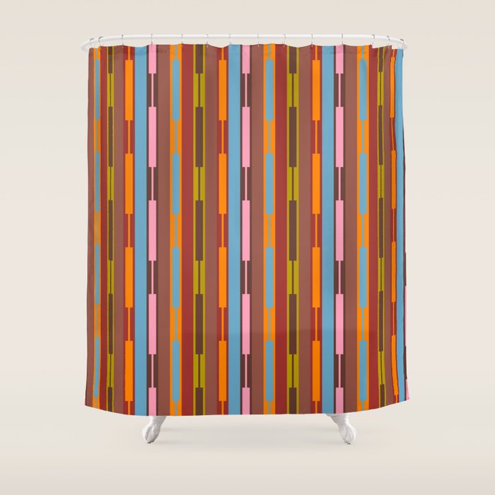 Vertical Stripe Geo Chain Eclectic Multicolored Pattern with Brown Shower Curtain Gallery Image 1