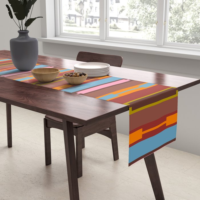 Vertical Stripe Geo Chain Eclectic Multicolored Pattern with Brown Table Runner Gallery Image 2