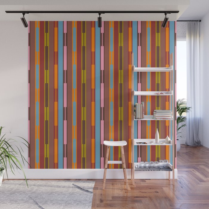Vertical Stripe Geo Chain Eclectic Multicolored Pattern with Brown Wall Mural Gallery Image 1