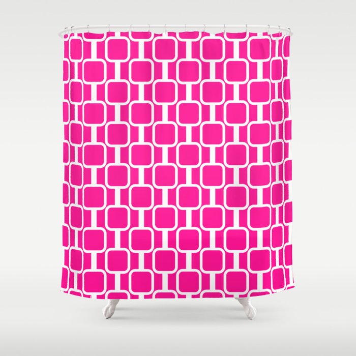 Mod Links Retro Geometric Pattern in Hot Pink and White  Shower Curtain Gallery Image 1