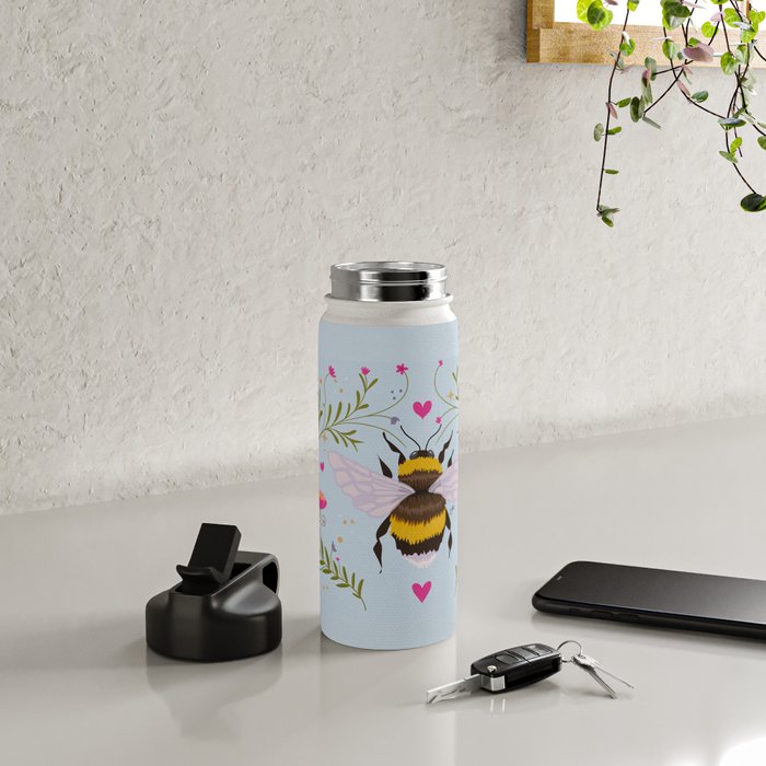 Whimsical Bumblebee Folk Art Cottagecore Floral Illustration in Pastel Blue Water Bottle Gallery Image 4