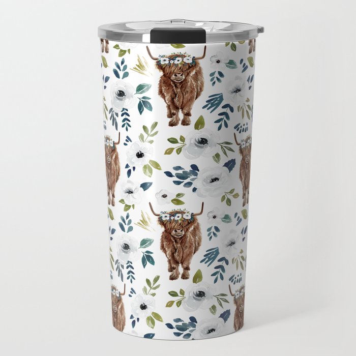 Highland Cow, Highland Cows with Flowers, Flower Crown, Floral Print, Watercolor Travel Mug Gallery Image 1