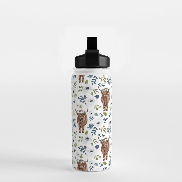 Highland Cow, Highland Cows with Flowers, Flower Crown, Floral Print, Watercolor Water Bottle Gallery Image 2